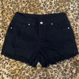 Mid Rise Black Denim Distressed Shorts